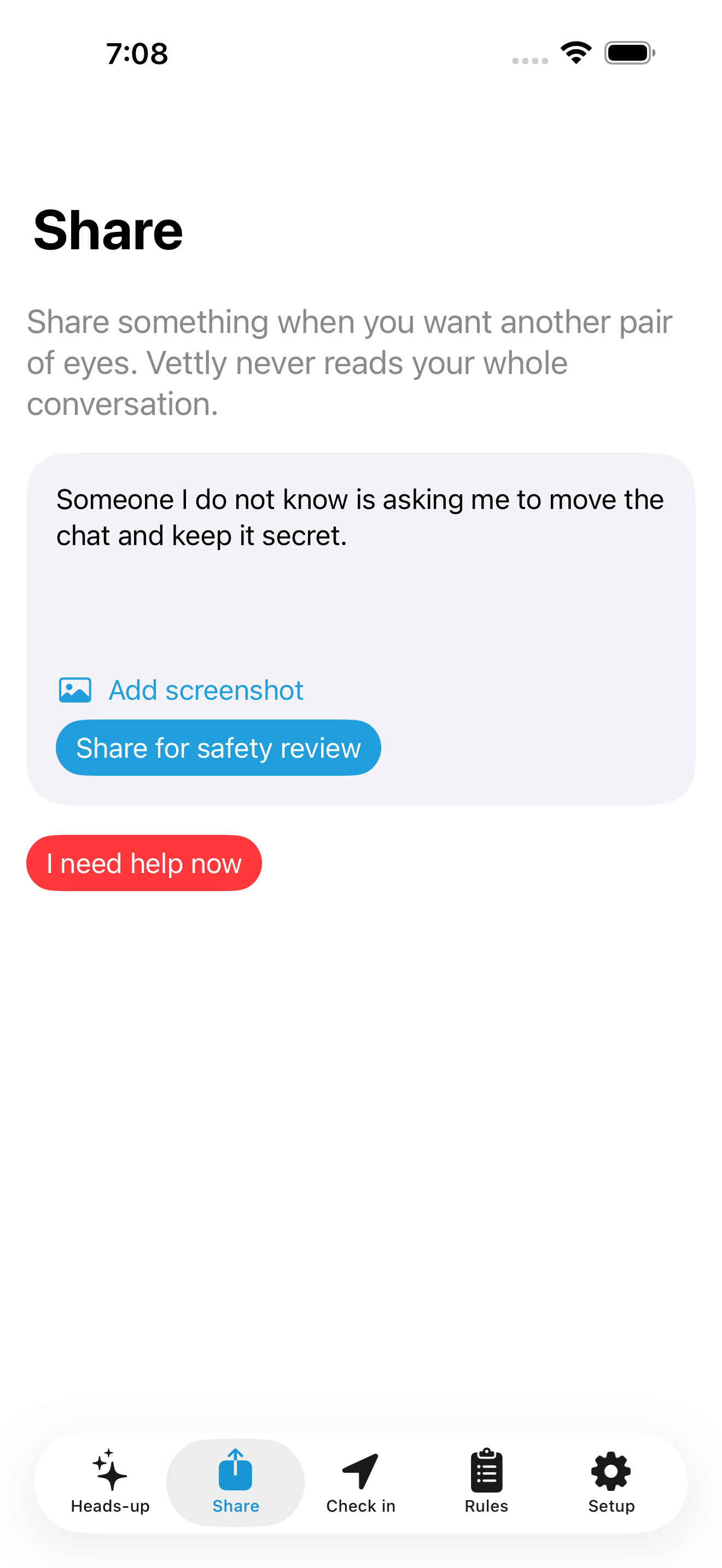 Vettly Companion teen sharing screen on iPhone