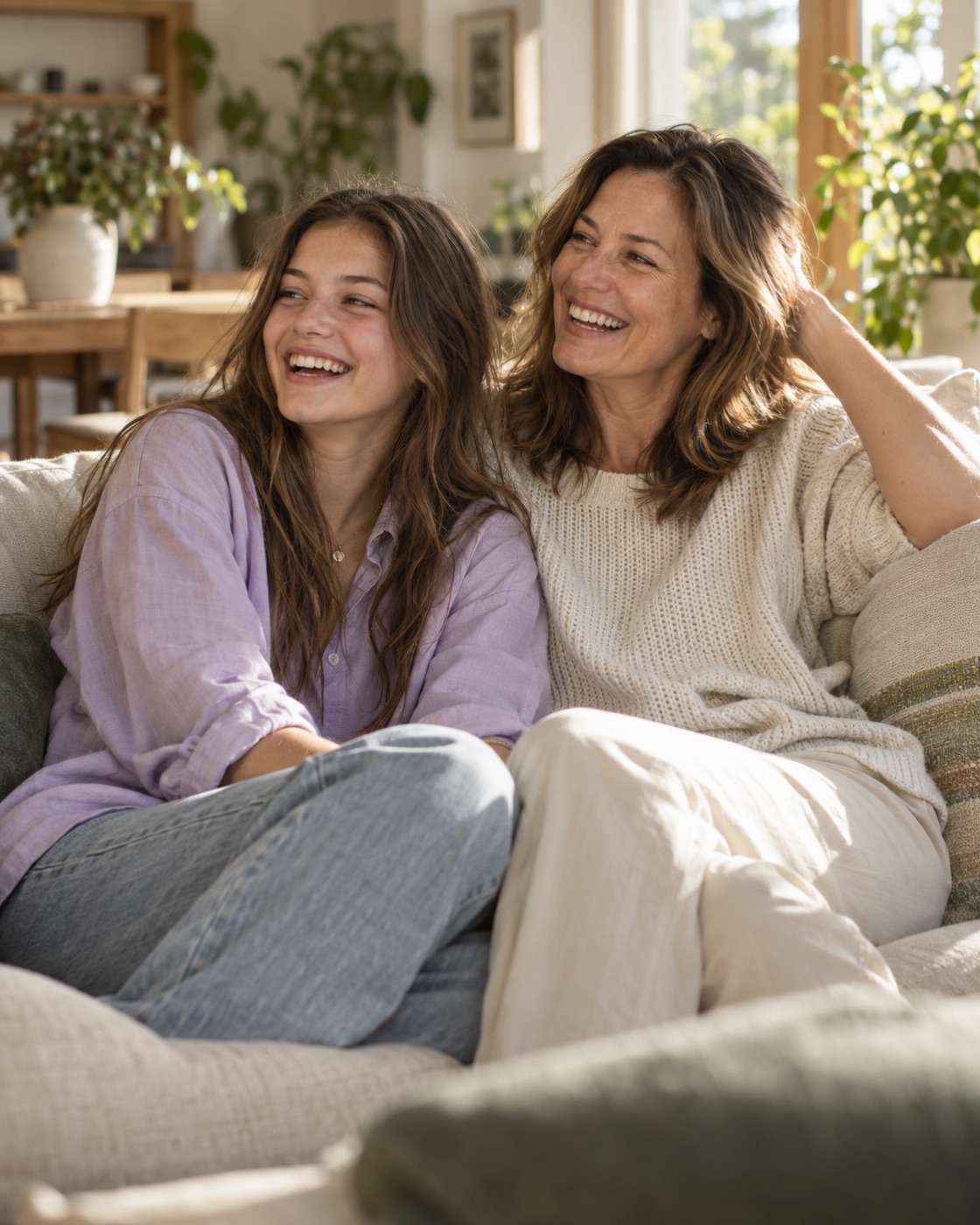 A mother and her teenage daughter laughing together at home
