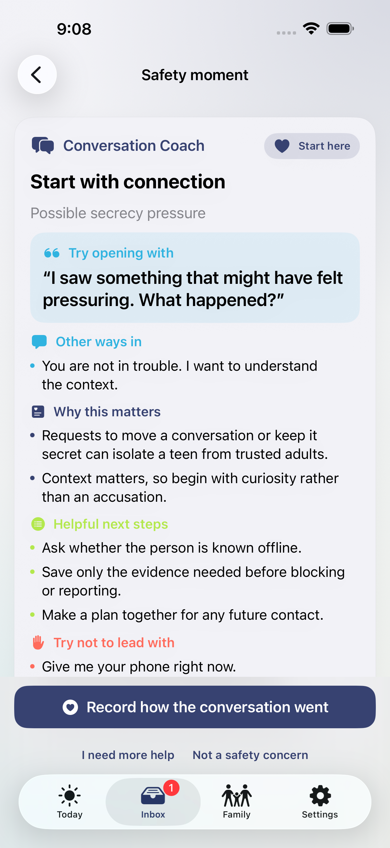 Vettly Family Conversation Coach with a suggested opener and guidance