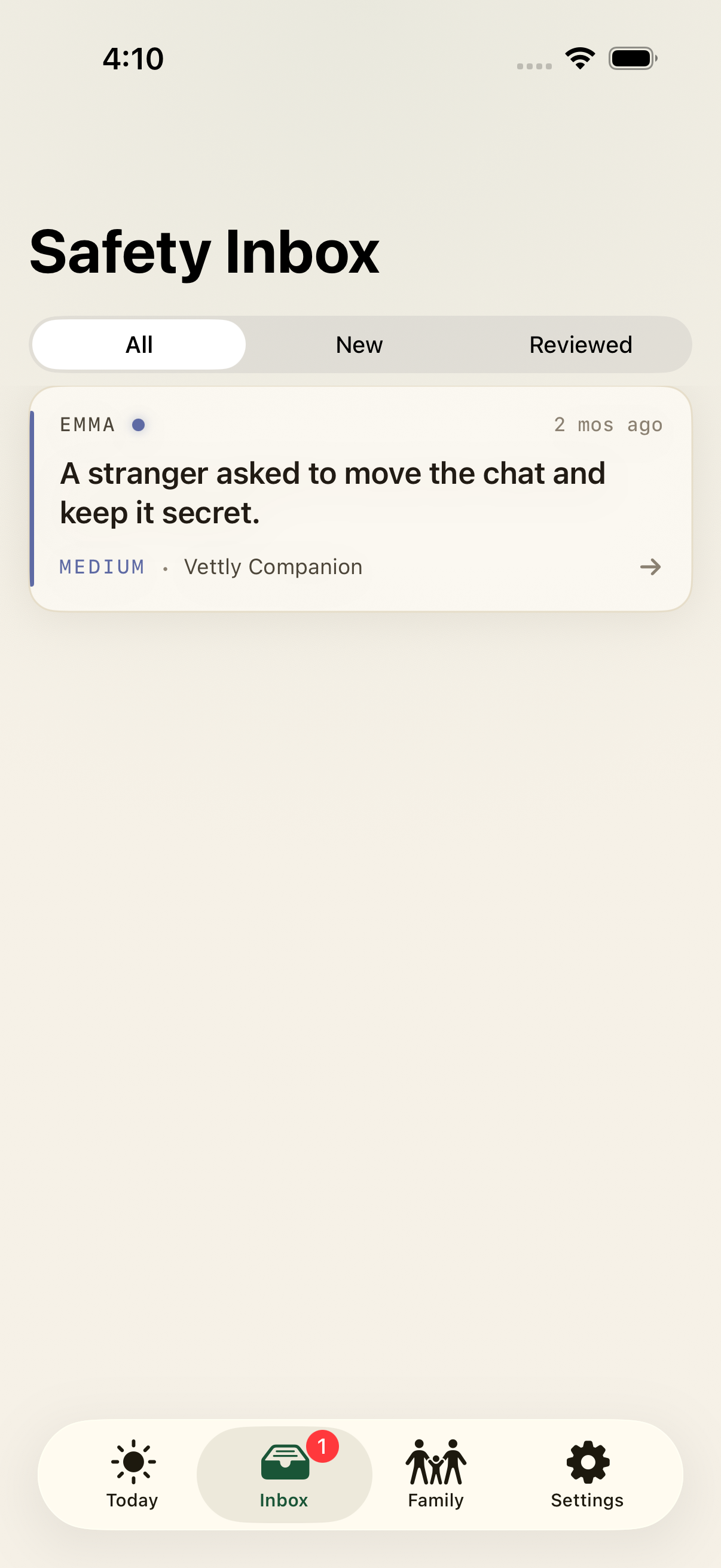 Vettly Family Safety Inbox listing focused safety moments
