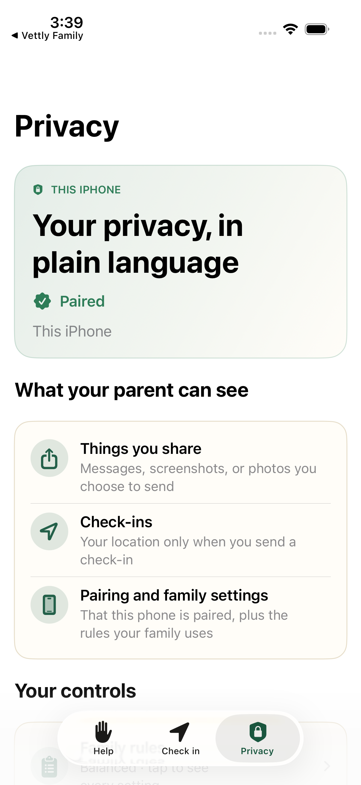 Vettly Companion Privacy screen explaining what a parent can see