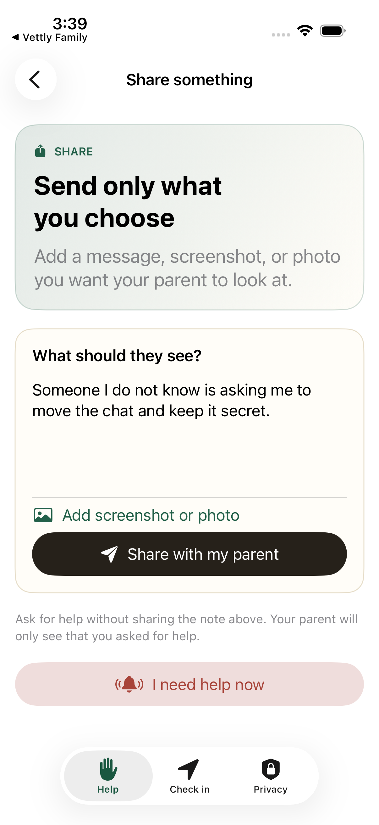 Vettly Companion sharing screen with a sample concern ready to share